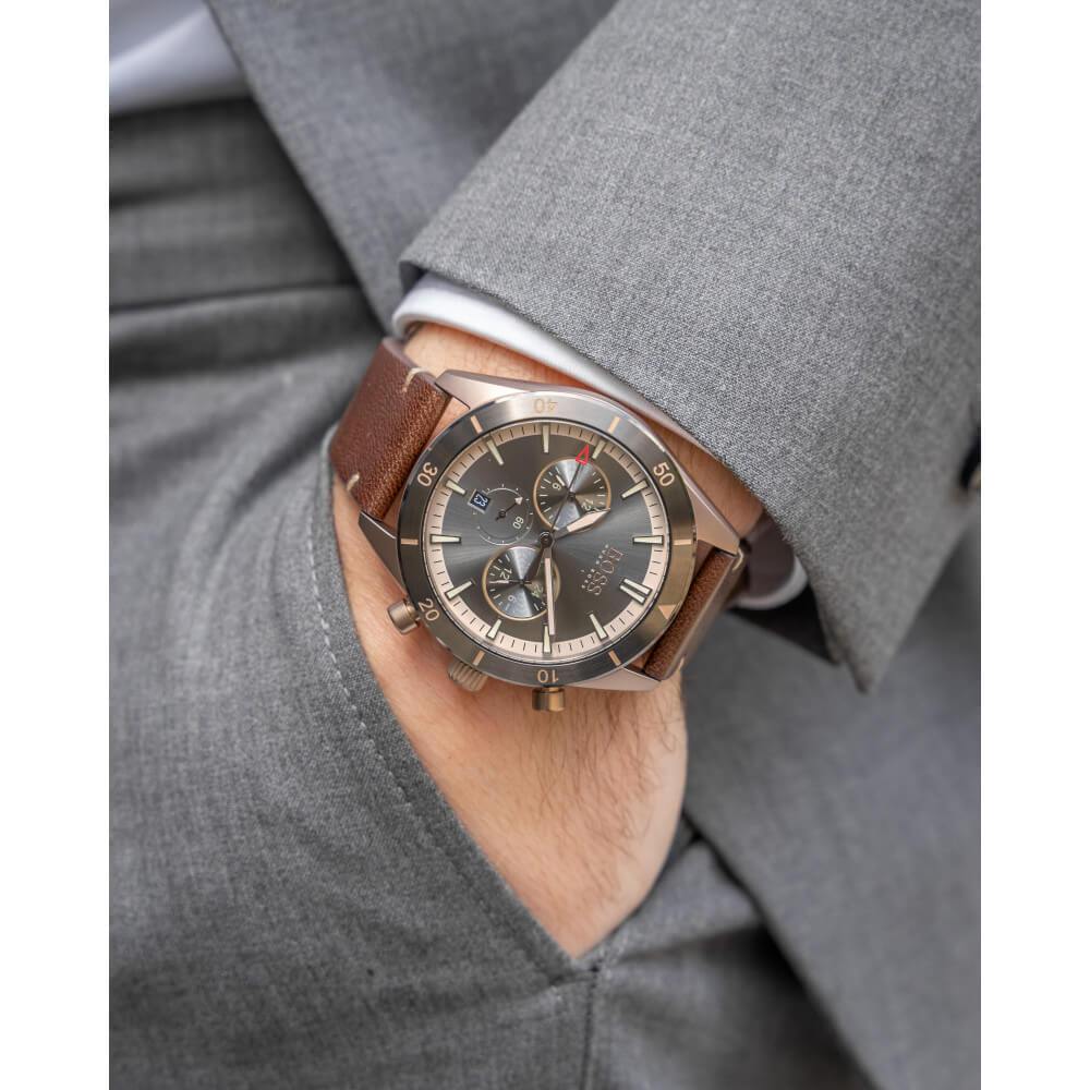 Hugo Boss Santiago Grey Dial Brown Leather Strap Watch for Men - 1513861