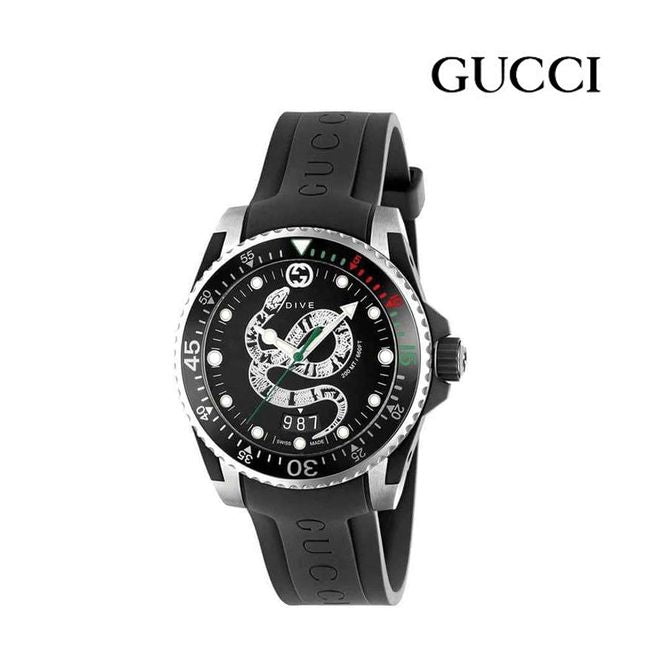 Gucci Dive Quartz Kingsnake Black Dial Black Rubber Strap Watch For Men - YA136217
