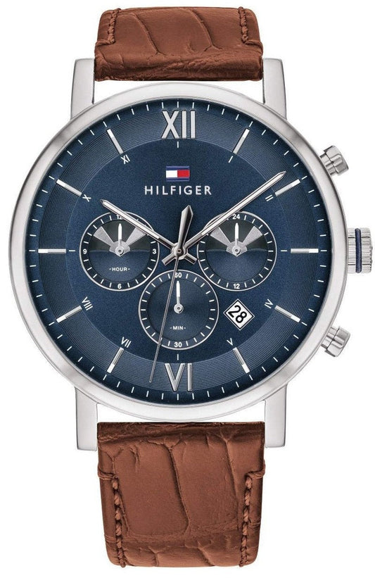 Tommy Hilfiger Evan Chronograph Blue Dial Brown Leather Strap Watch for Men - 1710393