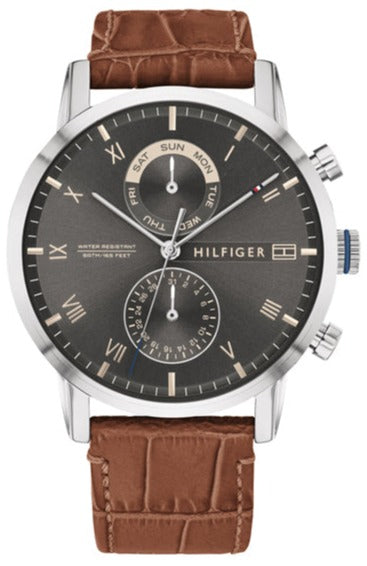 Tommy Hilfiger Kane Grey Dial Brown Leather Strap Watch for Men - 1710398