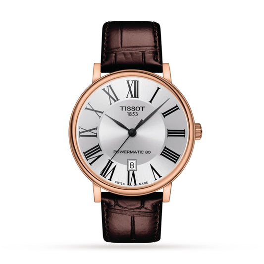 Tissot Carson Premium Powermatic 80 Silver & Rose Gold Dial Brown Leather Strap Watch For Men - T122.407.36.033.00