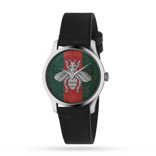 Gucci G Timeless Quartz Green & Red Dial Black Leather Strap Watch For Men - YA1264149