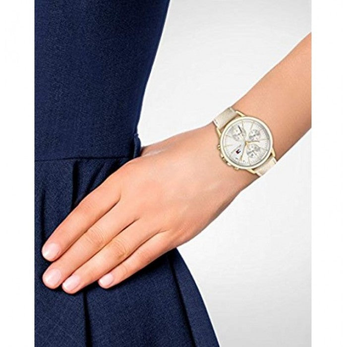 Tommy Hilfiger Carly Silver Dial Cream Leather Strap Watch for Women - 1781790