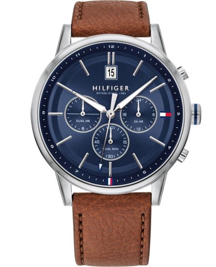Tommy Hilfiger Kyle Multifunction Blue Dial Brown Leather Strap Watch for Men - 1791629
