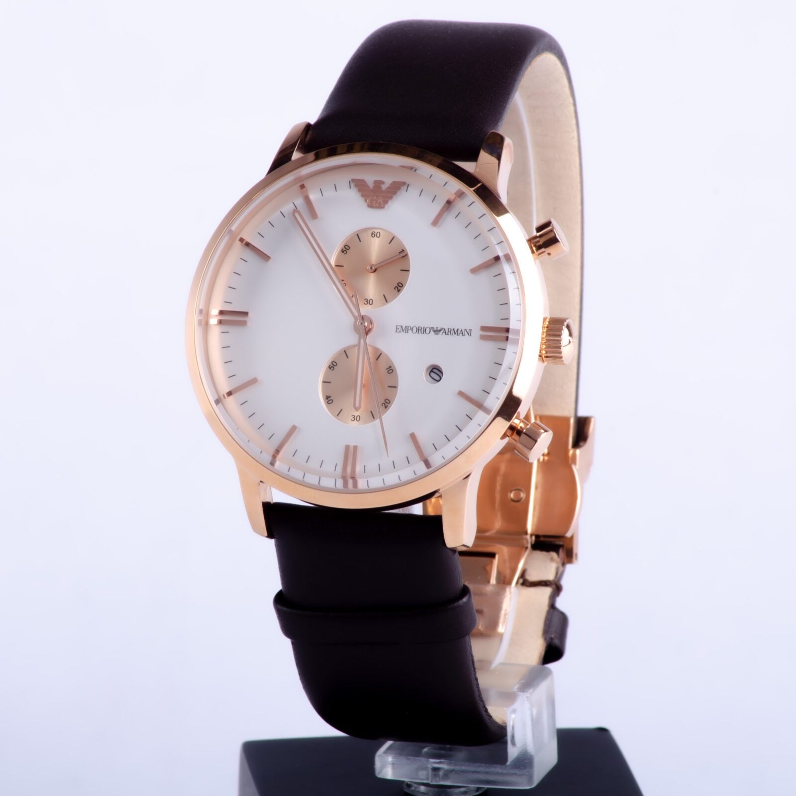 Emporio Armani Gianni Classic Chronograph White Dial Brown Leather Strap Watch For Men - AR0398