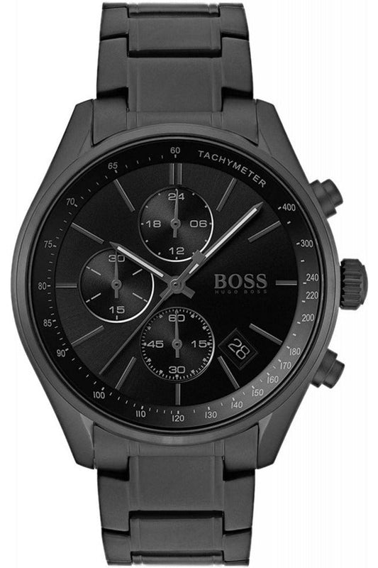 Hugo Boss Grand Prix Black Dial Black Steel Strap Watch for Men - 1513676