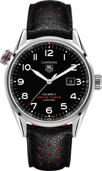 Tag Heuer Carrera Calibre 5 Drive Timer Black Dial Black Leather Strap Watch for Men - WAR2A10.FC6337