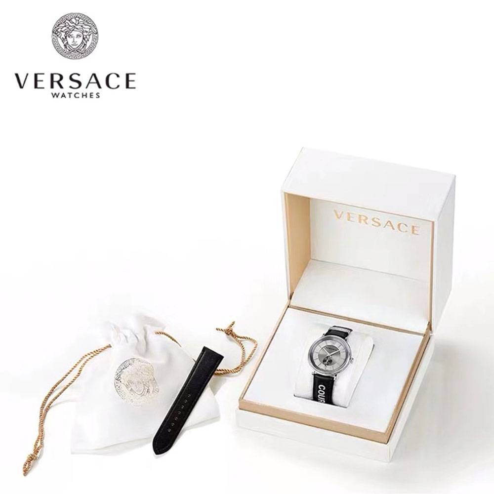 Versace V-Circle Silver Dial Black Leather Strap Watch for Men - VEBQ01219