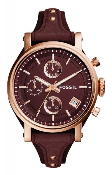 Fossil Original Boyfriend Sport Chronograph Maroon Dial Maroon Leather Strap Watch for Women - ES4114