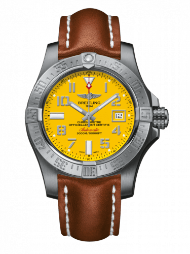 Breitling Avenger 11 Seawolf Stainless Steel Cobra Yellow Dial Brown Leather Strap Mens Watch - A1733110/I519/434X