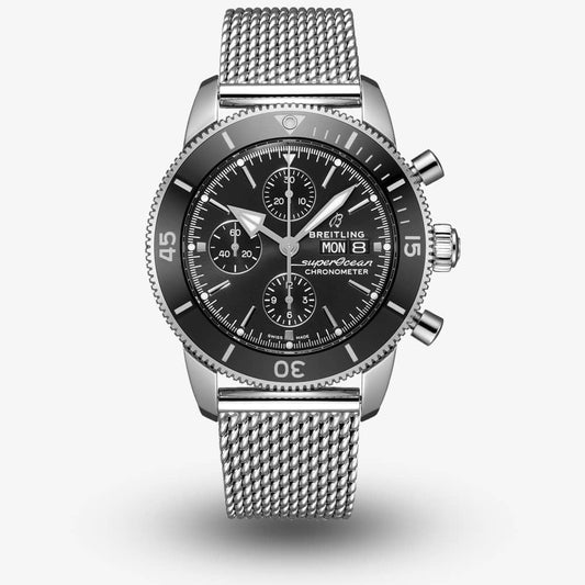 Breitling Superocean Heritage Chronograph 44 Black Dial Silver Mesh Bracelet Watch for Men - A13313121B1A1