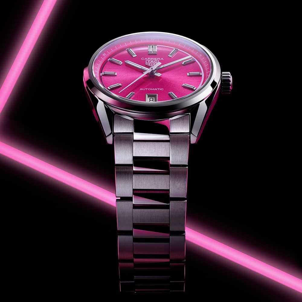 Tag Heuer Carrera Date Automatic 18K Pink Dial Silver Steel Strap Watch for Women - WBN2313.BA0001