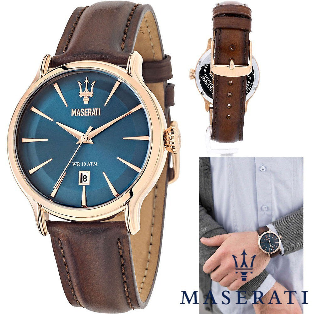 Maserati Epoca Blue Dial Brown Leather Strap Watch For Men - R8851118001