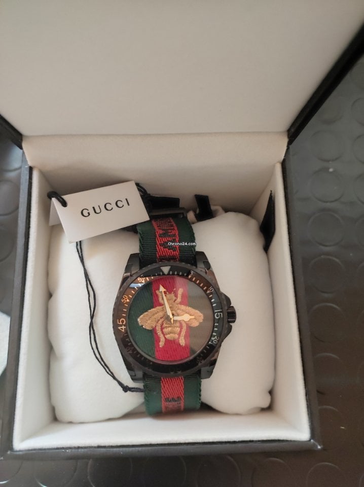 Gucci Dive Green & Red Dial Green & Red Nylon Strap Watch For Men - YA136216