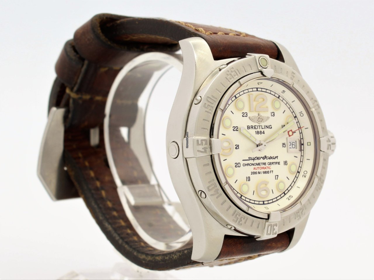 Breitling Colt Automatic 44mm White Dial Brown Leather Strap Mens Watch - A1738811/G791/437X