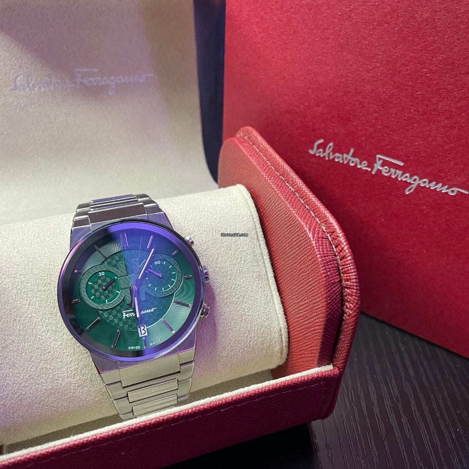 Salvatore Ferragamo Sapphire Chronograph Green Dial Silver Steel Strap Watch for Men - SFME00421