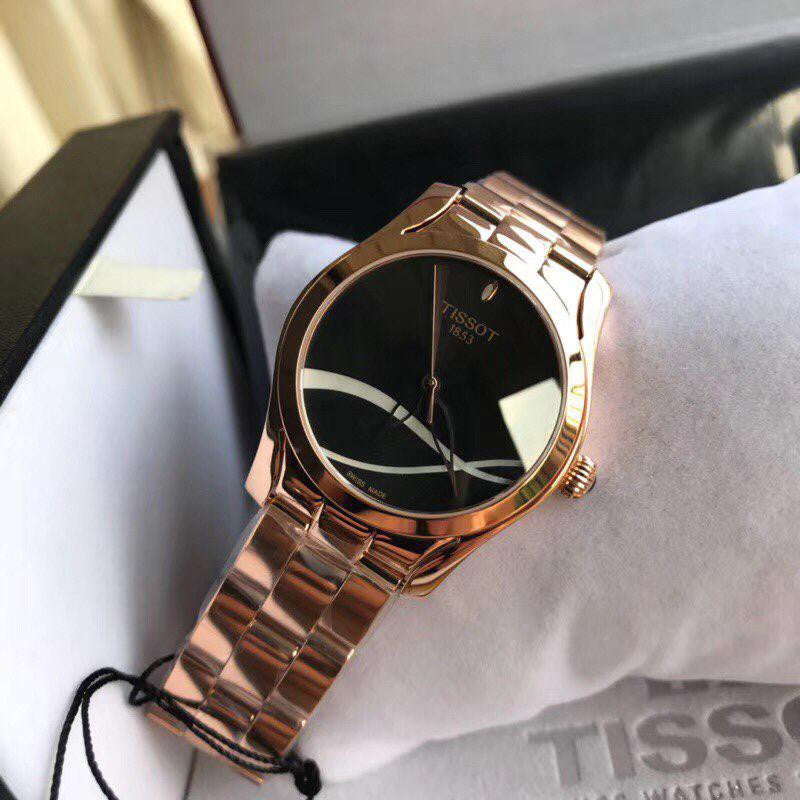 Tissot T Wave Black Dial Rose Gold Steel Strap Watch For Women - T112.210.33.051.00