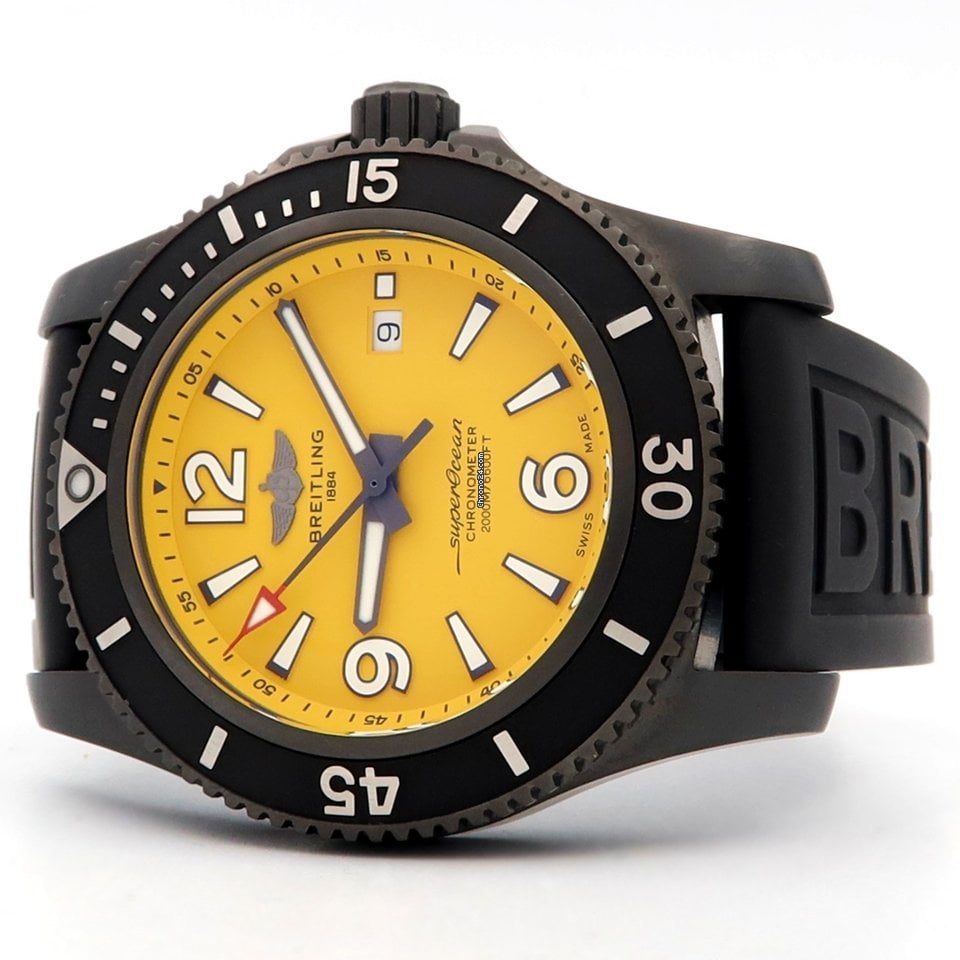 Breitling Superocean Automatic 46mm Yellow Dial Black Rubber Strap Watch for Men - M17368D71I1S1