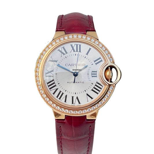 Cartier Ballon Bleu De Cartier Diamonds Silver Dial Red Leather Strap Watch for Women - WJBB0033