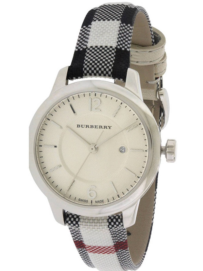 Burberry Classic White Dial White Black Leather Strap Watch for Women - BU10103