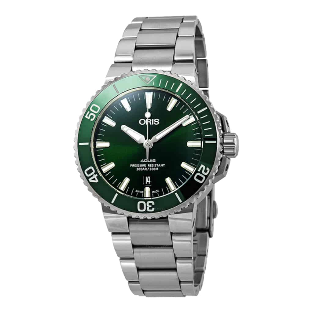 Oris Aquis Date Green Dial Silver Steel Strap Watch for Men - 0173377304157-0782405PEB