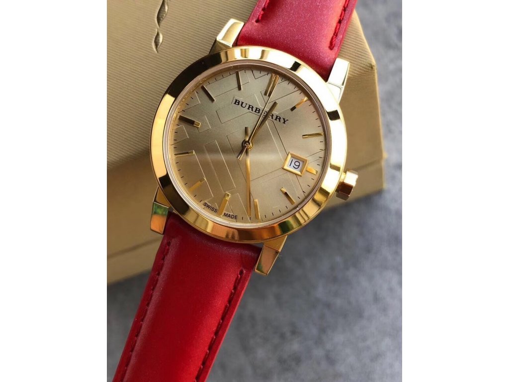 Burberry The City Gold Dial Red Leather Strap Watch for Women - BU9140