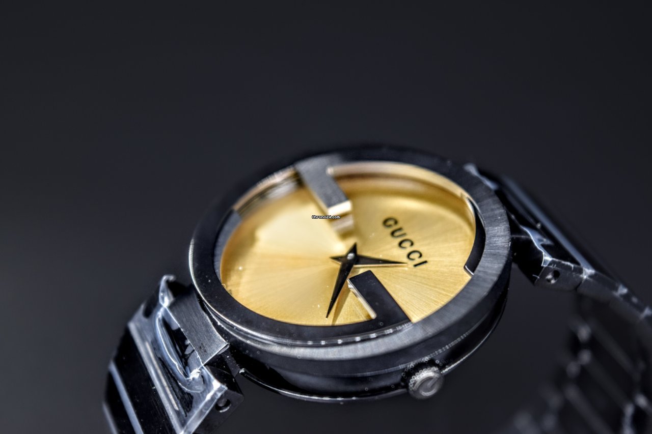 Gucci Interlocking G Quartz Gold Dial Black Steel Strap Watch For Women - YA133314