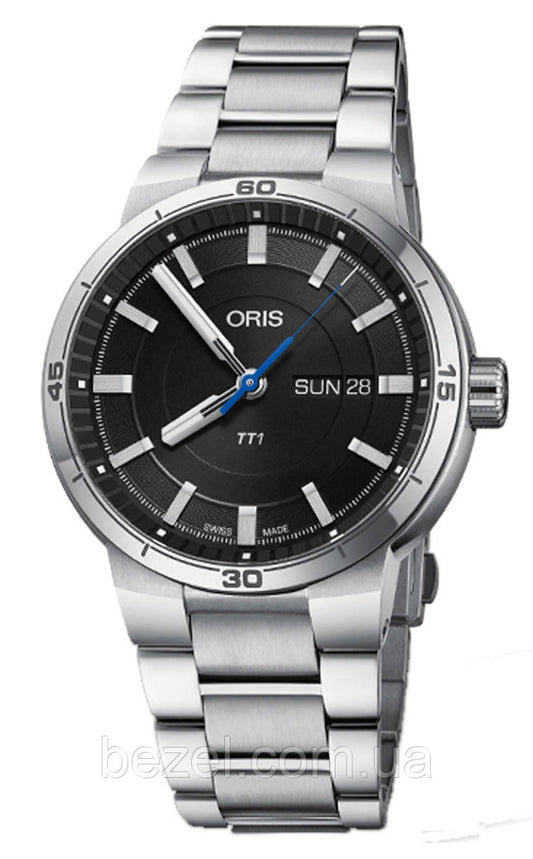 Oris TT1 Day Date Black Dial Silver Steel Strap Watch for Men - 0173577524154-0782408