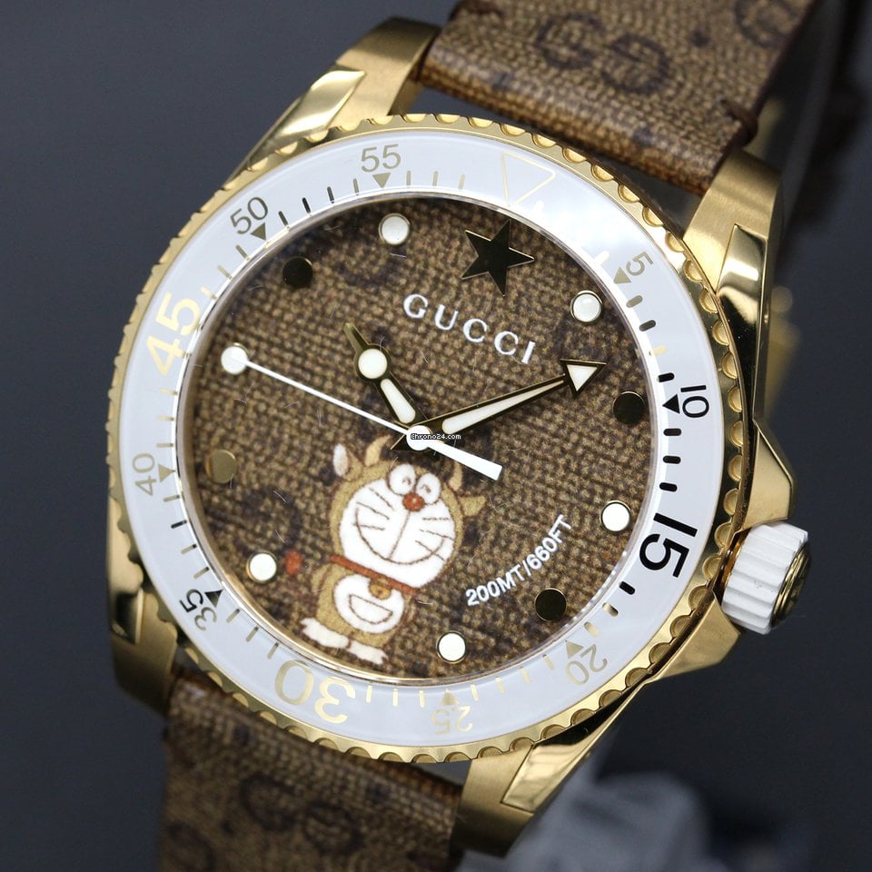 Gucci Dive Doraemon Brown Dial Brown Leather Strap Watch For Men - YA136334