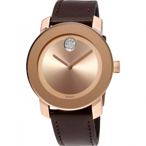 Movado Bold Rose Gold Dial Brown Leather Strap Watch for Men - 3600395