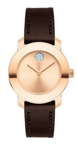 Movado Bold Rose Gold Dial Brown Leather Strap Watch For Women - 3600438