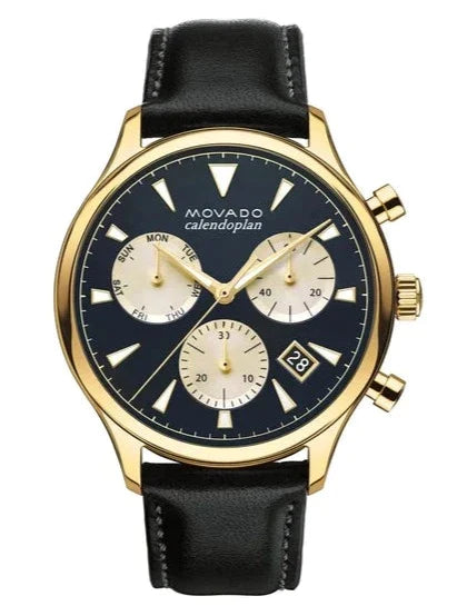 Movado Heritage Chronograph Calendoplan Blue Dial Black Leather Strap Watch for Men - 3650006