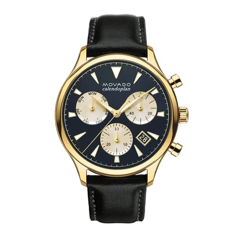 Movado Heritage Chronograph Calendoplan Blue Dial Black Leather Strap Watch for Men - 3650006