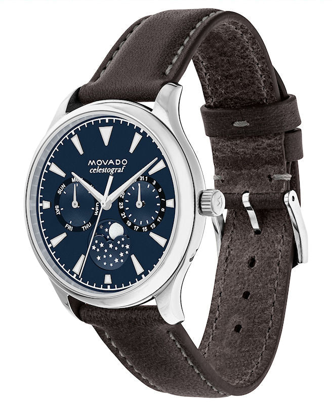 Movado Heritage Moonphase Blue Dial Brown Leather Strap Watch For Women - 3650009