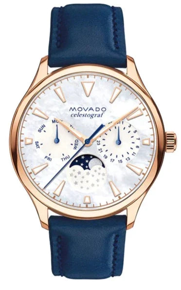 Movado Heritage Celestograf White Mother of Pearl Dial Blue Leather Strap Watch For Women - 3650011