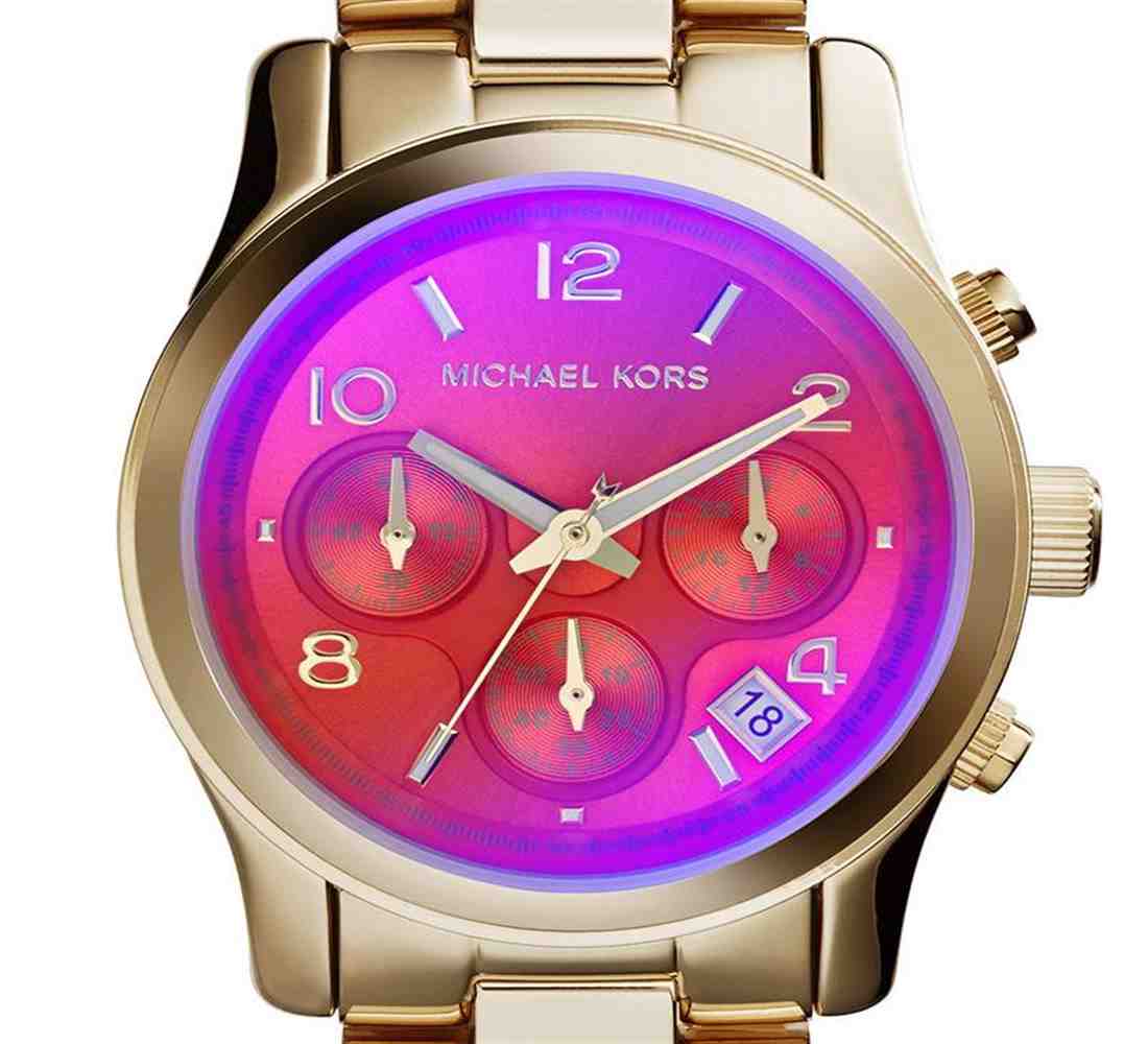 Michael Kors Runway Iridescent Pink Dial Gold Steel Strap Watch for Women - MK5939