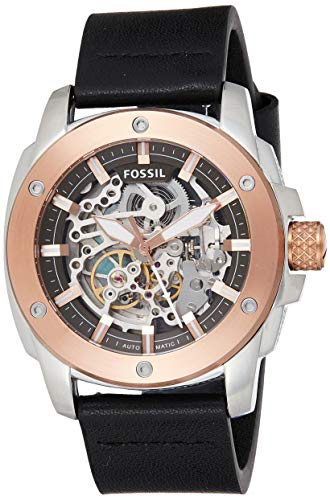 Fossil Modern Machine Automatic Skeleton Silver Dial Black Leather Strap Watch for Men - ME3082