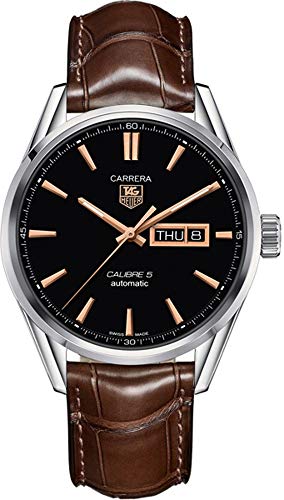 Tag Heuer Carrera Calibre 5 Automatic Black Dial Brown Leather Strap Watch for Men - WAR201C.FC6291