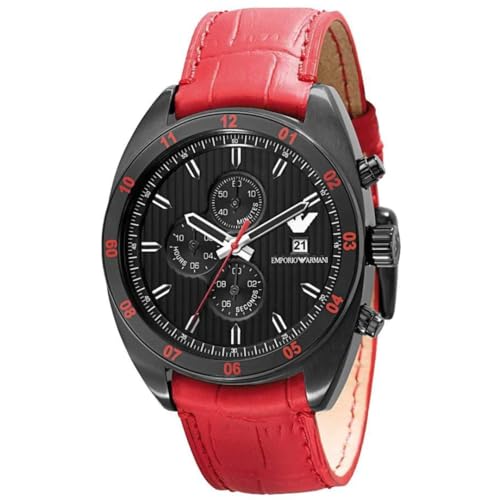 Emporio Armani Sportivo Chronograph Black Dial Red Leather Strap Watch For Men - AR5918