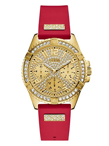 Guess Frontier Diamonds Gold Dial Red Rubber Strap Watch for Women - GW0045L2