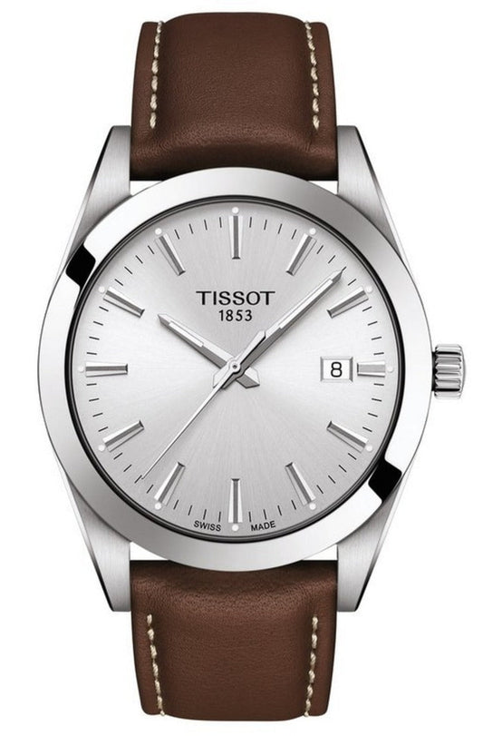 Tissot Gentleman Silver Dial Brown Leather Strap Watch For Men - T127.410.16.031.00