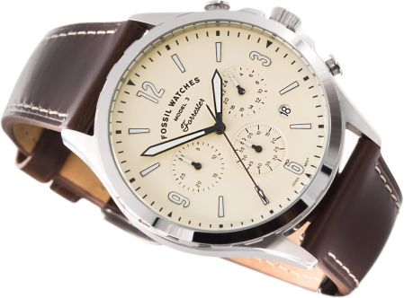 Fossil Forrester Chronograph Beige Dial Brown Leather Strap Watch for Men - FS5696