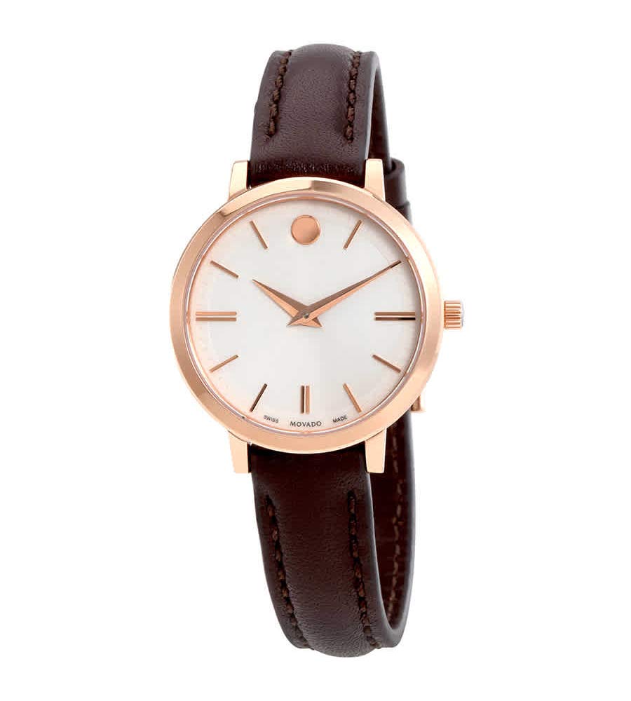 Movado Ultra Slim White Dial Brown Leather Strap Watch For Women - 0607096