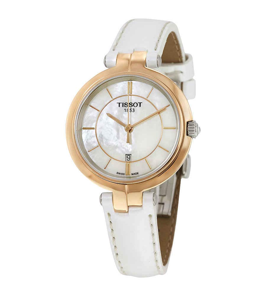 Tissot Flamingo Mother of Pearl Dial White Leather Strap Watch For Women - T094.210.26.111.01