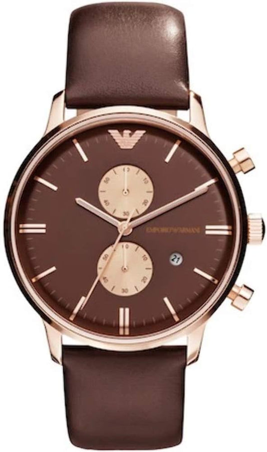 Emporio Armani Classic Chronograph Brown Dial Brown Leather Strap Watch For Men - AR0387