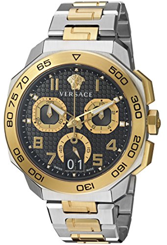 Versace Dylos Chronograph Black Dial Two Tone Steel Strap Watch for Men - VQC100016
