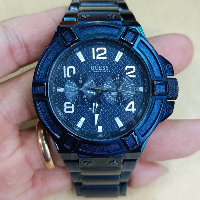 Guess Rigor Multifunction Black Dial Blue Steel Strap Watch for Men - W0218G4