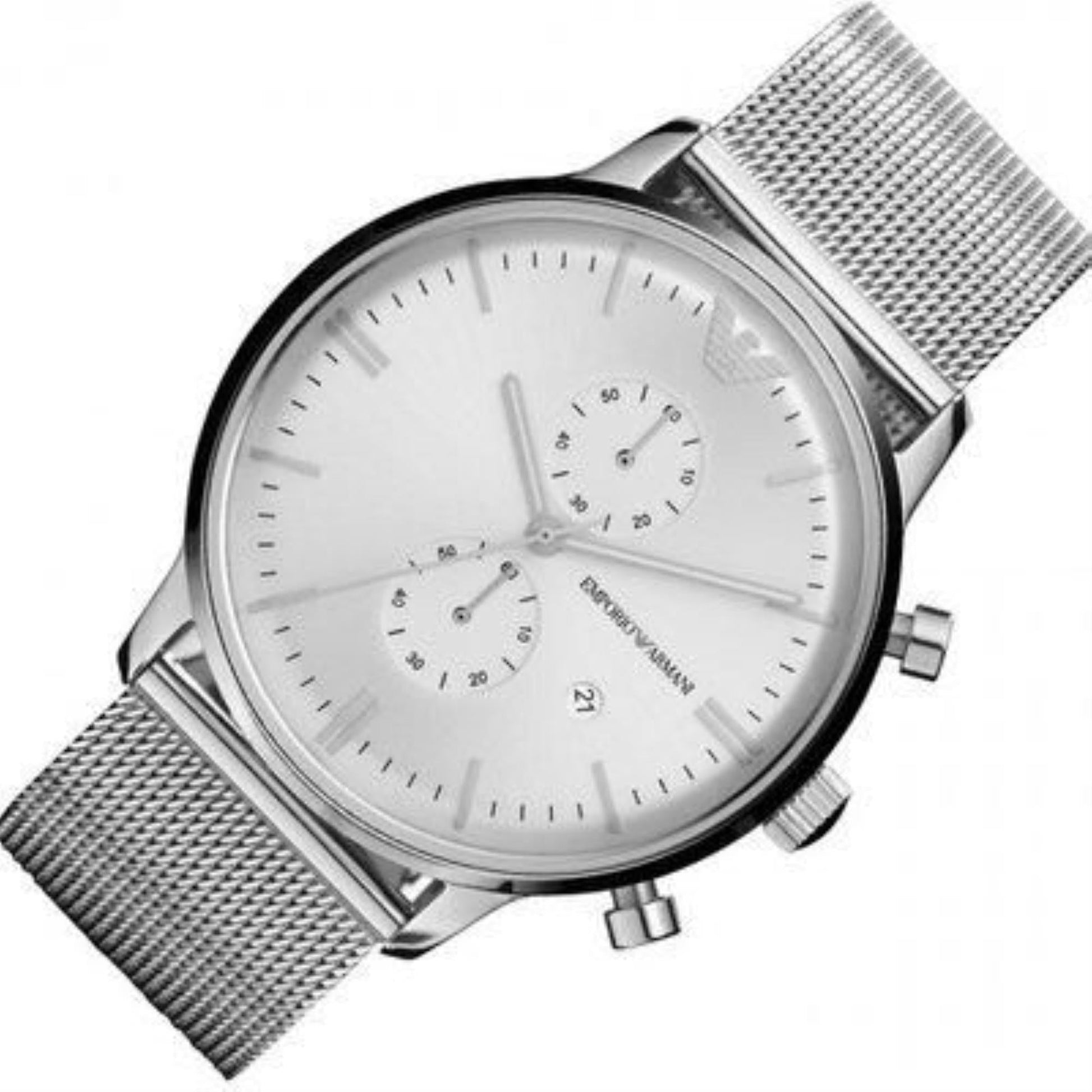 Emporio Armani Classic Chronograph Quartz Silver Dial Silver Mesh Bracelet Watch For Men - AR0390