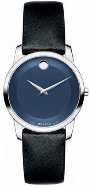 Movado Museum Quartz Blue Dial Black Leather Strap Watch For Women - 0606611