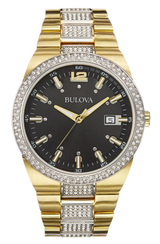 Bulova Crystal Black Dial Two Tone Steel Strap Watch for Men - 98B235